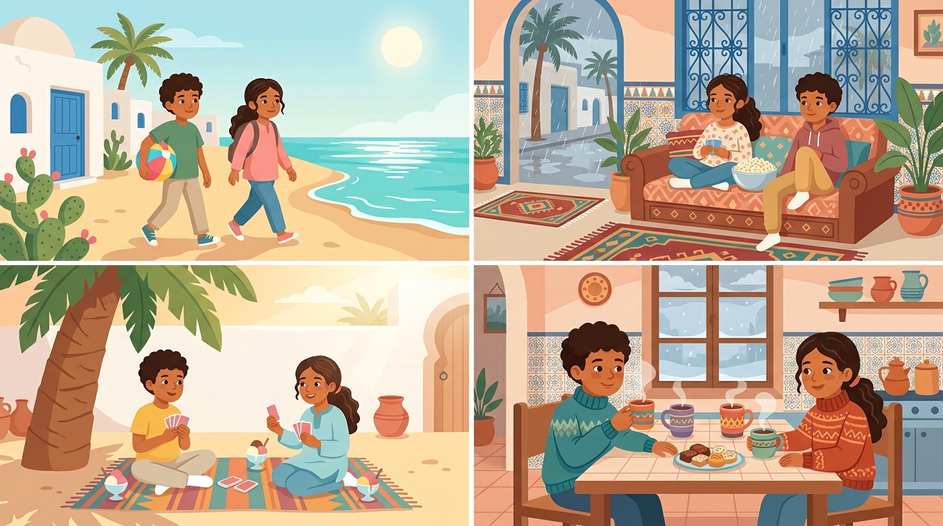 Quatre vignettes avec Leo et Mia : soleil, ils vont à la plage ; pluie, film sur le canapé avec du pop-corn ; chaleur, cartes et glaces à l'ombre d'un palmier ; froid, chocolat chaud dans la cuisine